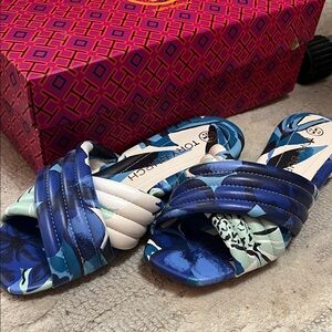 Tory Burch Blue and White Floral Kira Slides